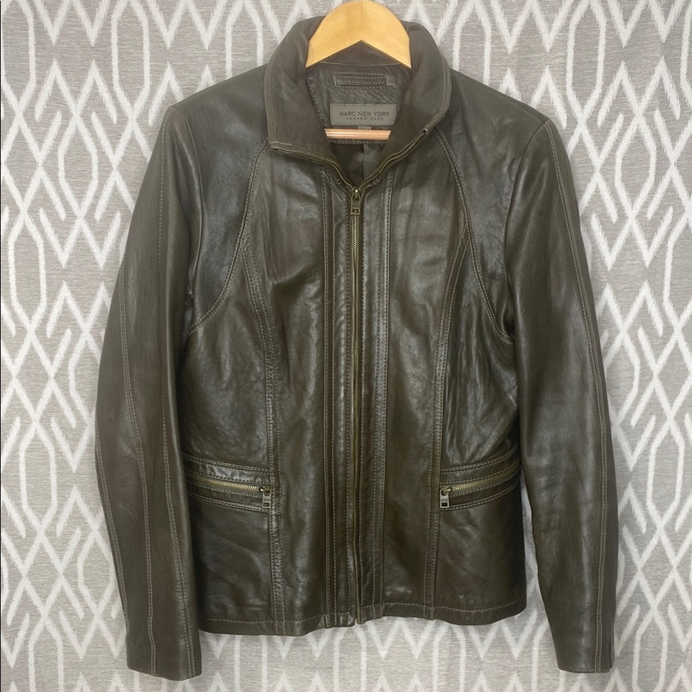 Marc New York Dark Brown Fitted Leather Jacket Size: Large